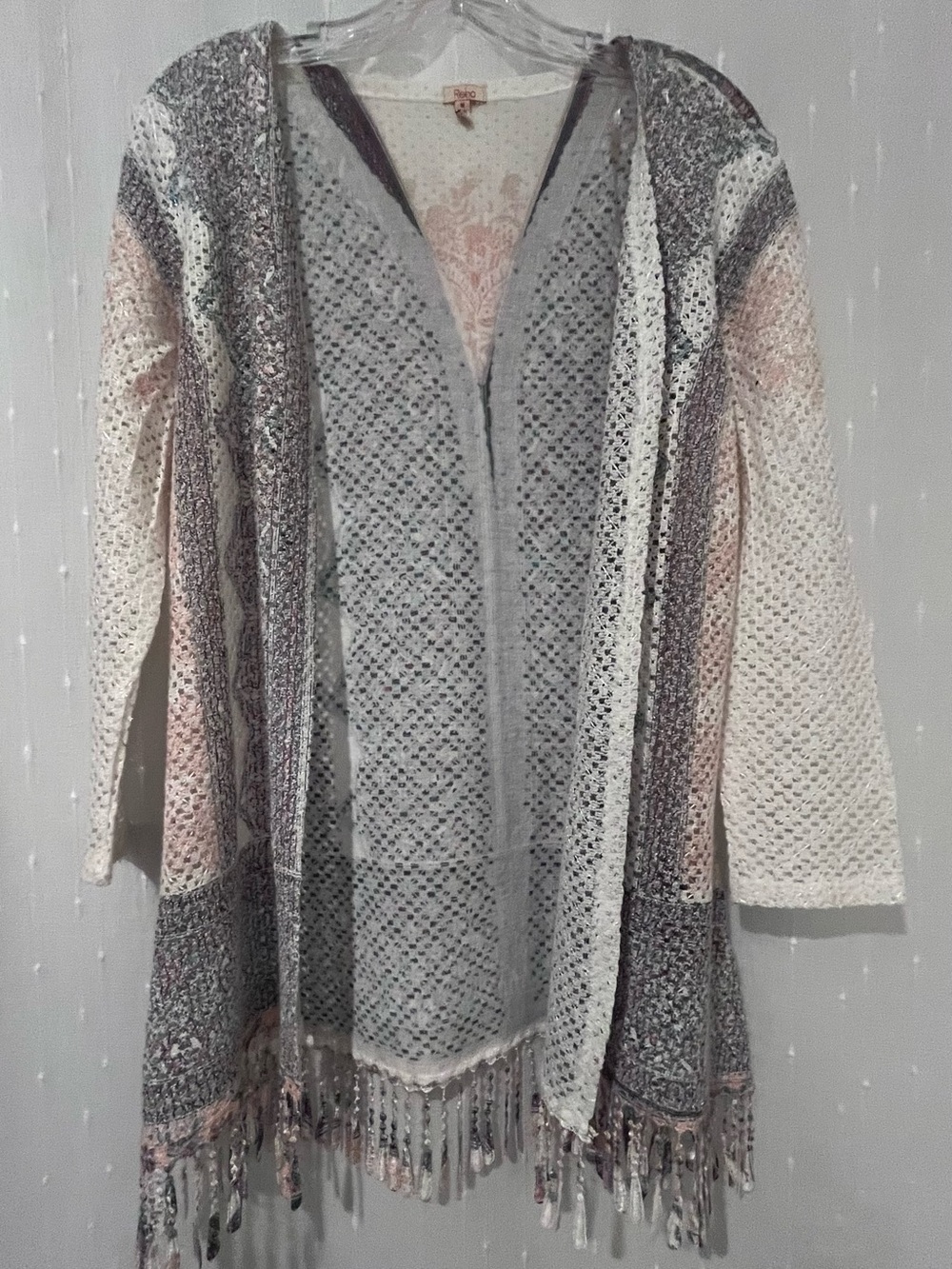 Reba Cream, Gray & Blush Open-Front Crochet Fringe Cardigan Coastal Cowgirl